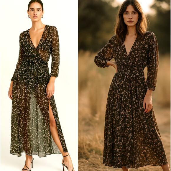 Poupette St. Barth Dresses & Skirts - Poupette St Barth M Sheer Ilona Maxi Wrap Dress 100% Silk Long Sleeve Black NEW!